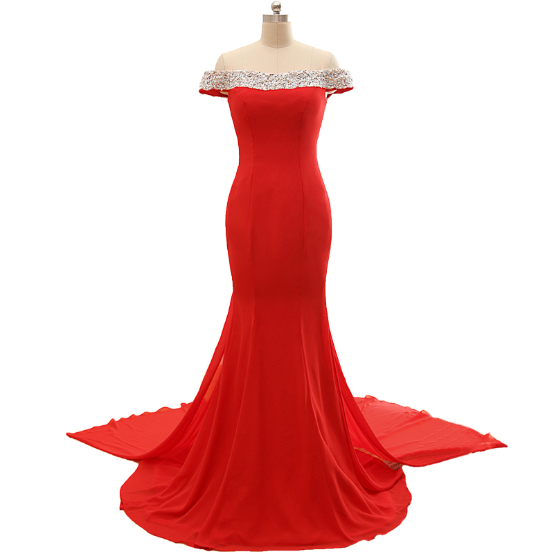 Stunning Red Chiffon Mermaid Formal Dresses With Beaded Bateau Neckline And Illusion Back , Long Elegant Prom Dresses