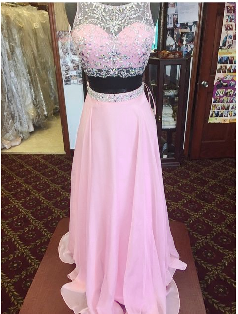 Brilliant Pink Long Chiffon Prom Dresses Showcases Beaded Sheer Bateau Neckline,two Piece Prom Dresses,sexy Evening Gowns,formal Dresses