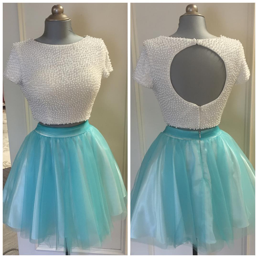 Short Sleeve Scoop A-line Short Tulle Dress - Two Piece Prom Dress, Homecoming Dress, Evening Dress