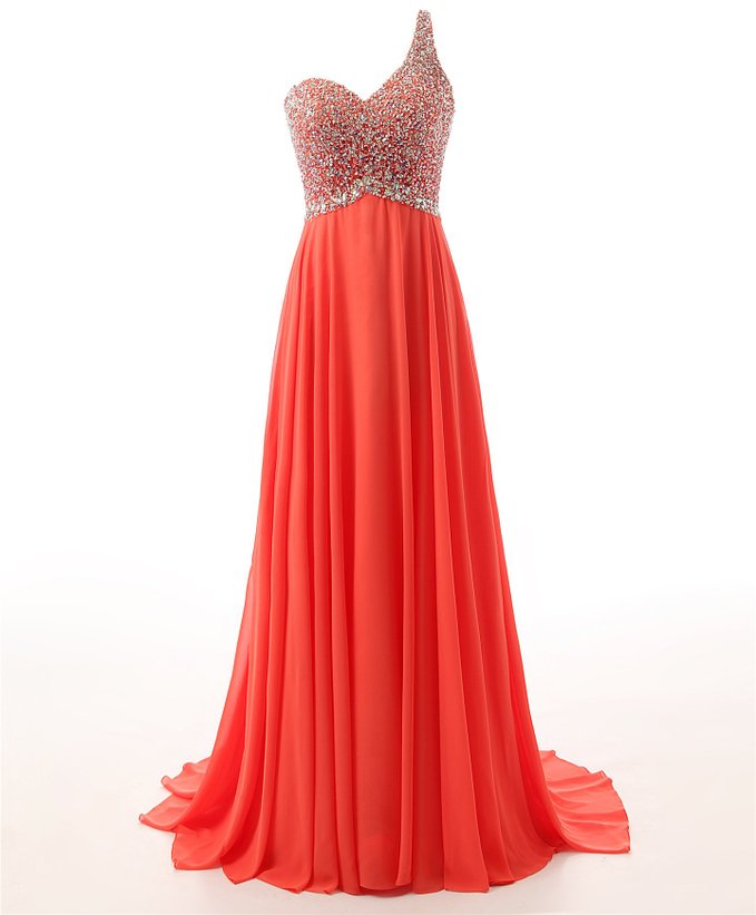 Coral Long Chiffon Formal Dresses Showcases Beaded One Shoulder ,sexy Backless Evening Gowns,prom Dresses
