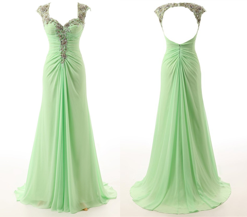 Cap-sleeved Chiffon A-line Floor-length Dress With Beaded Embellishment And Bare Back