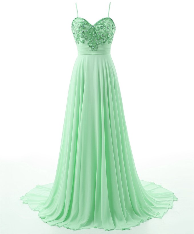 Floor Length Light Green Formal Dresses Showcases Spaghetti Straps Beaded Bodice ,sexy Chiffon A Line Evening Gowns,2017 Prom Dresses