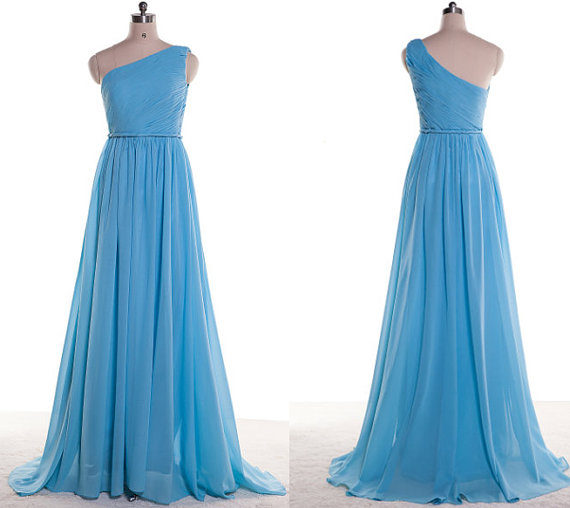 Simple Chiffon Blue Chiffon One Shoulder Ruched Formal Dresses-evening Gowns, Prom Dress