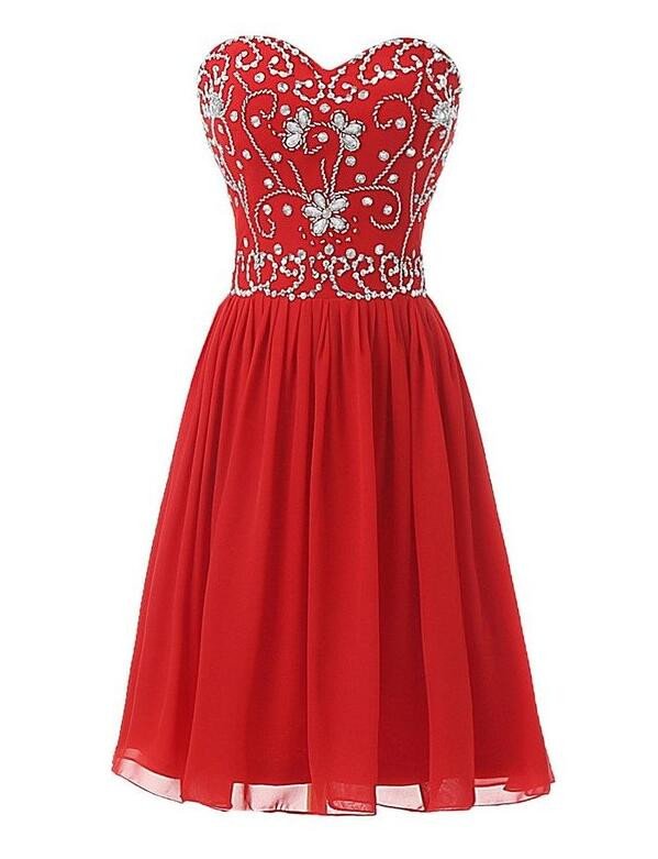 Beaded Embellished Red Chiffon Sweetheart Short A-line Homecoming Dress, Graduation Dress
