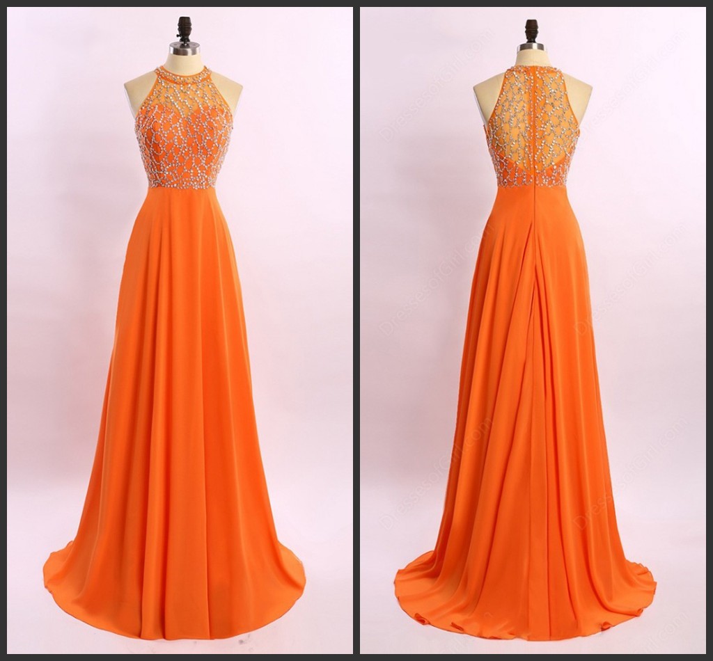 Marvelous Orange Prom Dresses Chiffon Beaded Evening Gowns With Sheer Halter Neckline