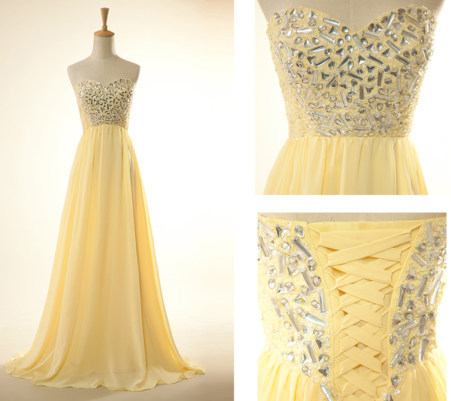 Yellow Rhinestone Evening Dresses Long Elegant Chiffon Prom Dress Sweetheart Neck Formal Gowns