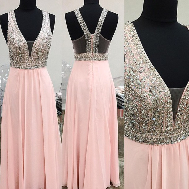 Long Pink Prom Dresses With Plunge V Neck,sexy Beaded Strapless Chiffon Evening Gowns
