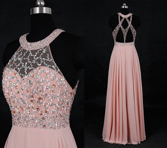 Custom Made Long Pleated Chiffon Evening Prom Dresses , Graduation Dress , Wedding Dress With Sequins And Beads - Pink