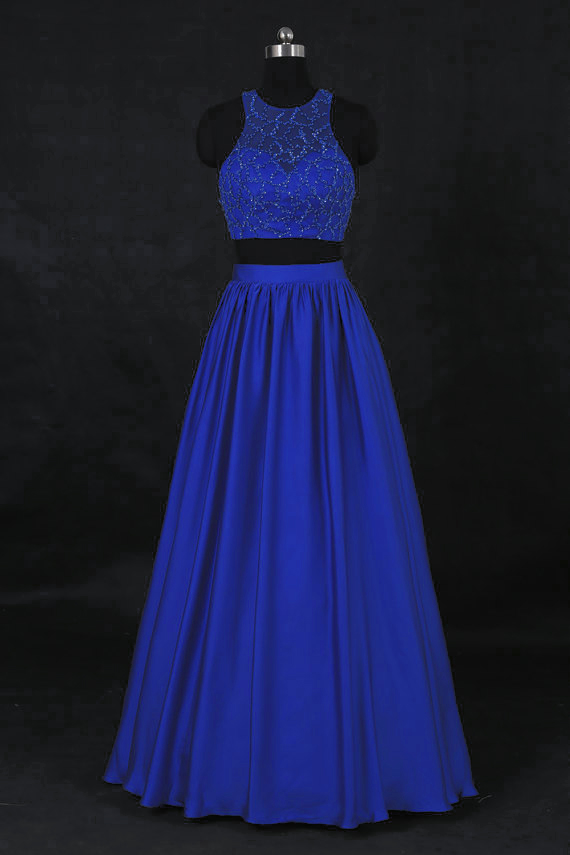 Sexy Royal Blue Beaded Two Piece Prom Dresses , Long Elegant Satin A Line Evening Gowns - Formal Gowns, Party Dresses