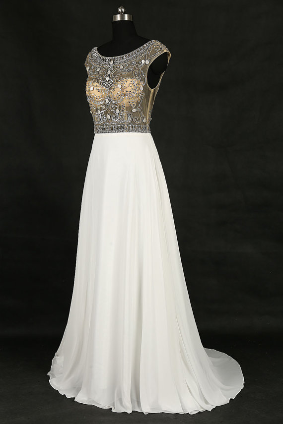 Marvelous White Prom Dresses Chiffon Beaded Evening Gowns With Sheer Scoop Neckline