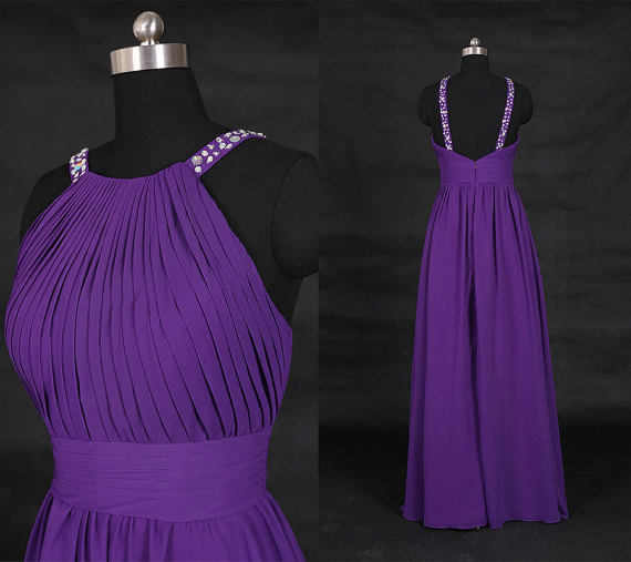Long Elegant Purple Prom Dresses Chiffon Evening Gowns With Scoop Neckline