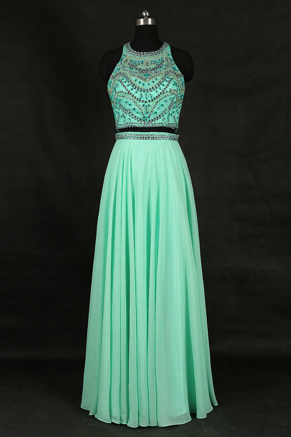 Elegant Mint Green Chiffon Beaded Formal Dresses- Long Evening Gowns, Two Piece Prom Dresses