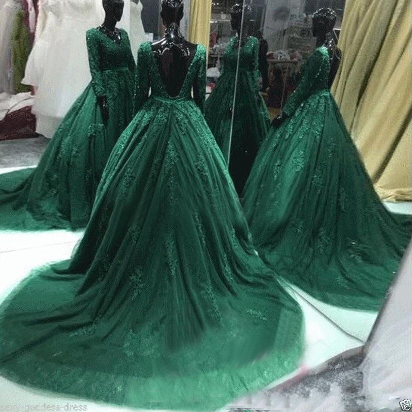 Long Sleeve Hunter Green Prom Dresses Backless Lace Prom Gowns Sexy Tulle Lace Applique Evening Dresses Party Dress Robe De Soiree