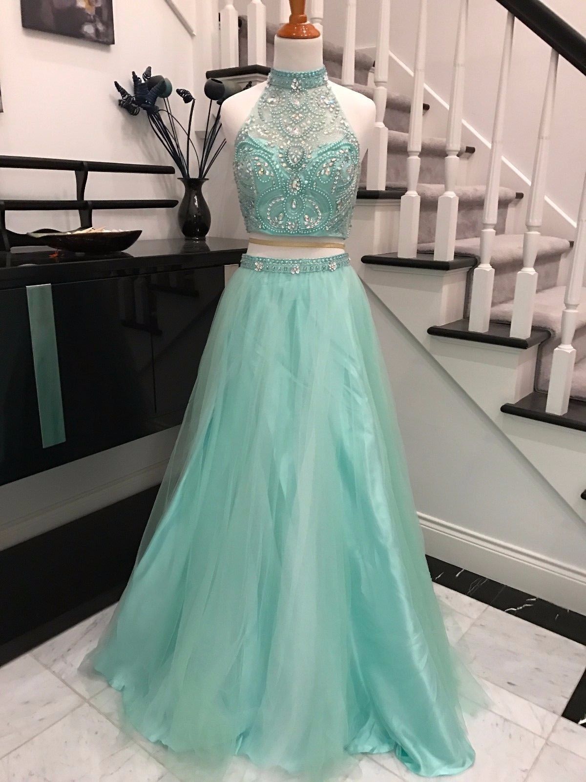 Charming Light Green 2 Piece Prom Dresses Sexy Beaded Long Halter Tulle Evening Dresses 2017 Real Photo Women Party Dresses Formal Gowns