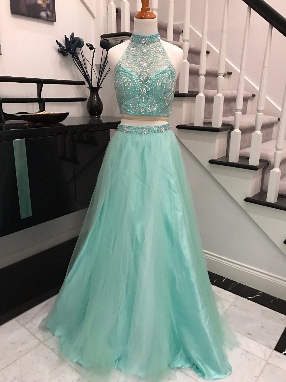 2 piece teal prom dress