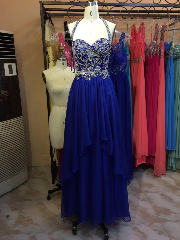 Royal Blue Prom Dresses Long Chiffon Halter Beaded Evening Dresses 2017 Real Photo Women Party Dresses Formal Gowns