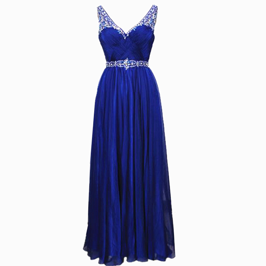 Royal Blue Prom Dresses Rhinestone Beaded Chiffon Prom Gowns 2017