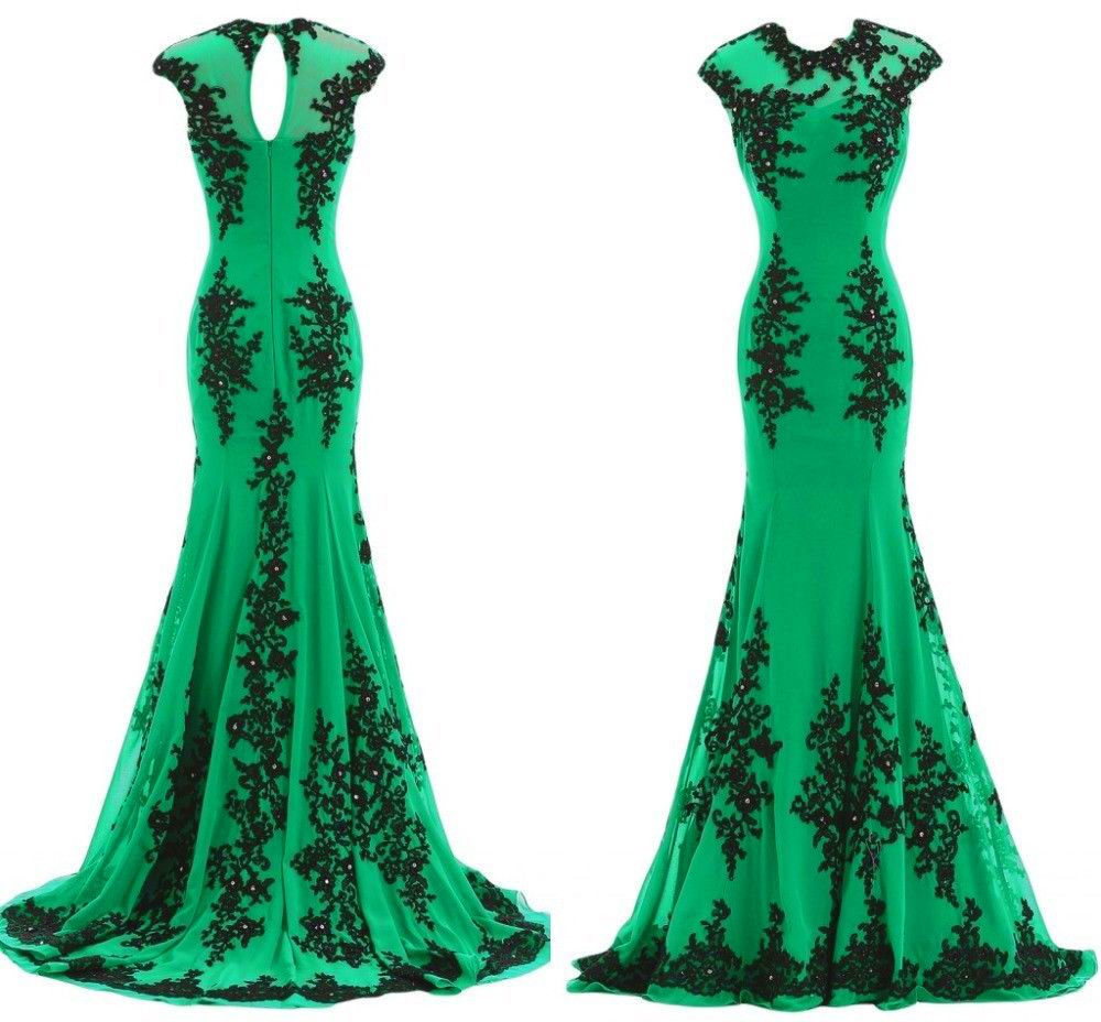 Elegant Long Green Prom Dresses Lace Applique Mermaid Prom Gowns 2017 Sheer Neck Party Evening Dress For Women