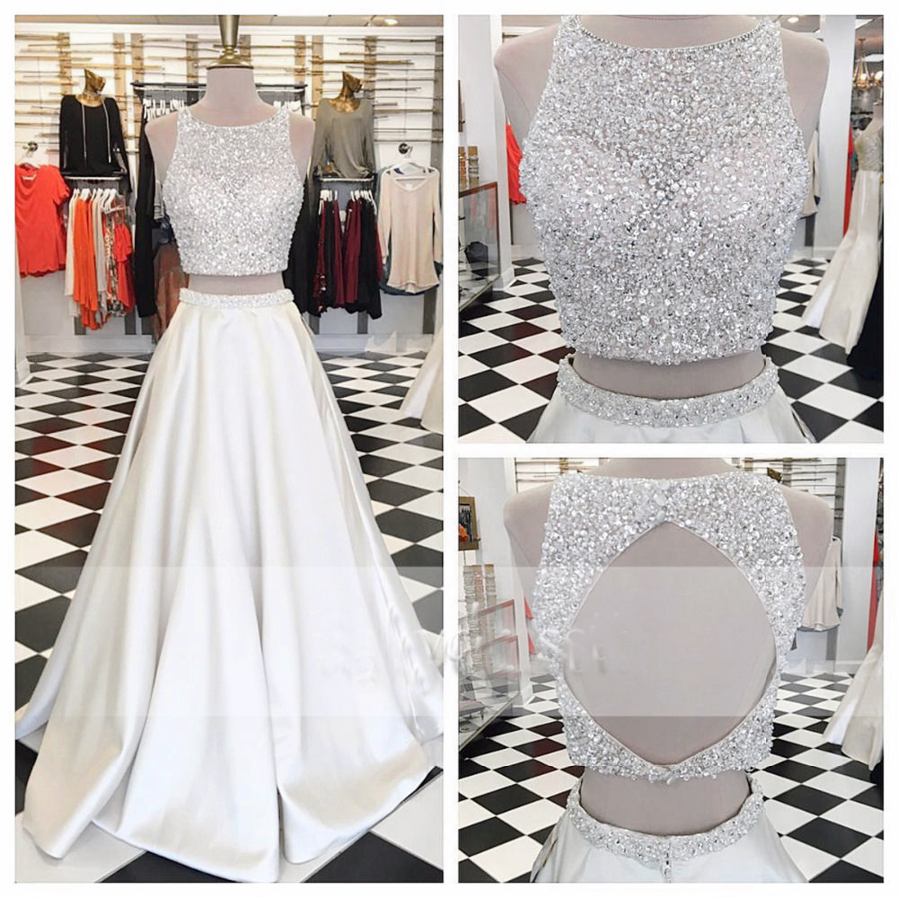 White 2 Piece Prom Dresses With Beaded Bodice Long Backless Satin Formal Evening Gowns