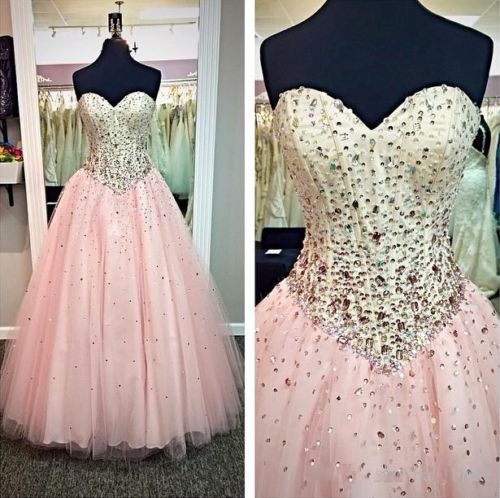 Floor Length Pink Prom Dresses Sweetheart Tulle Beaded Formal Evening Gowns