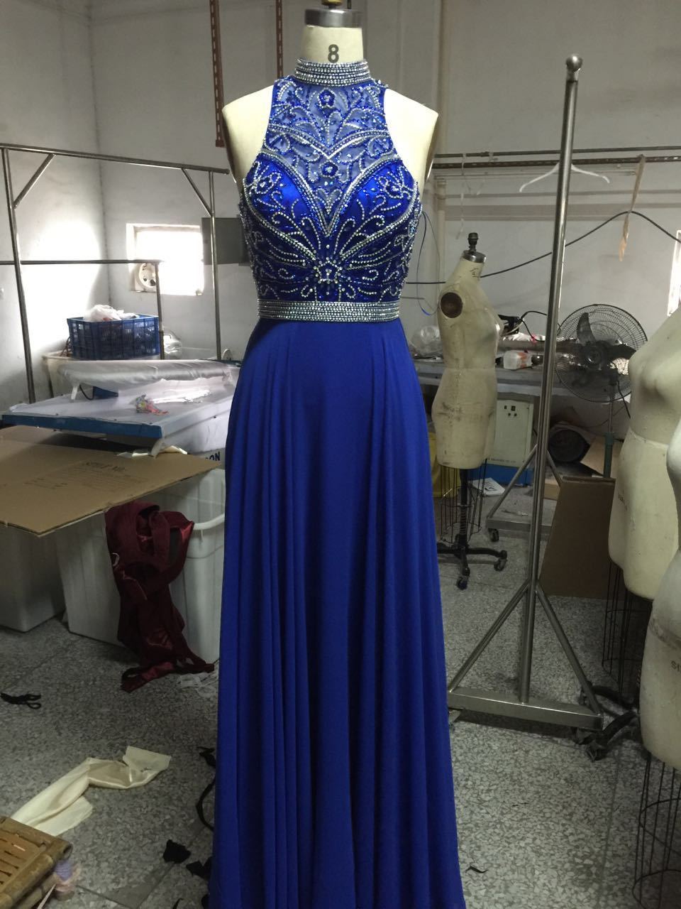 Floor Length Royal Blue Chiffon Formal Dresses Featuring Beaded Bodice With Halter Neckline -- Long Elegant Prom Dress, Sexy Beaded Evening Gown