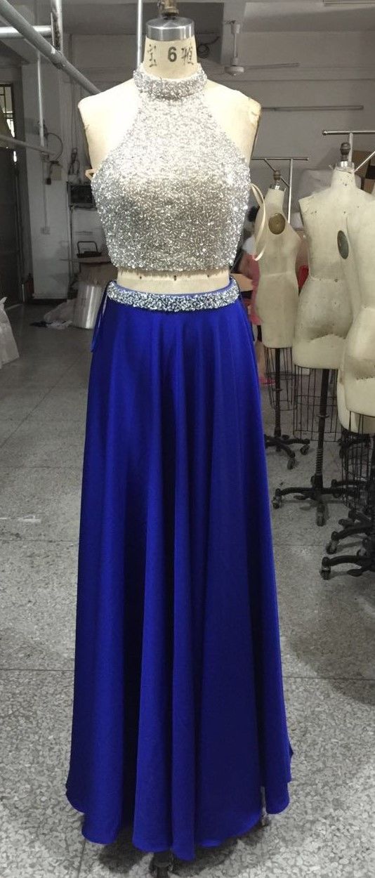 Elegant Long Backless Royal Blue Prom Dresses Featuring Beaded Bodice With Halter Neckline -- Formal Dresses 2017, Sexy Beaded Evening Gown