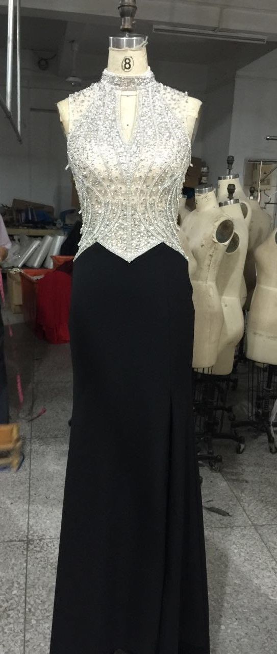 Long Black Prom Dresses With Keyhole And Halter Neckline,sexy Beaded Prom Dresses, Party Dresses, Evening Dresses,formal Dress 2017