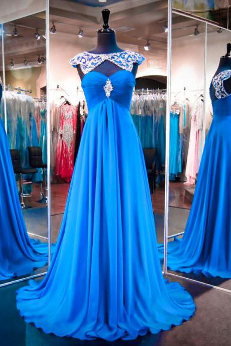 Blue Chiffon Formal Dresses Scoop Chiffon Beaded A Line Party Prom Dress Beaded Sexy Robe De Soiree Formal Gowns