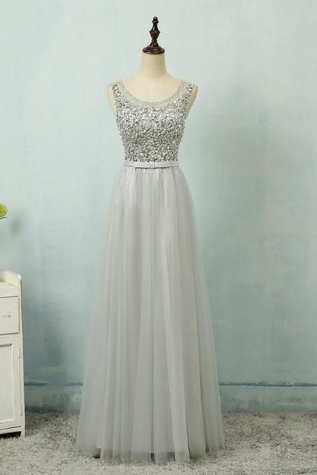 Sexy Gray Evening Dresses With Scoop Neck Long Elegant Tulle Beaded Prom Dresses Formal Gowns