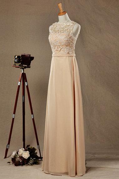 Sexy Champagne Chiffon Backless Lace Applique Formal Dresses-Evening Gowns, Prom Dress