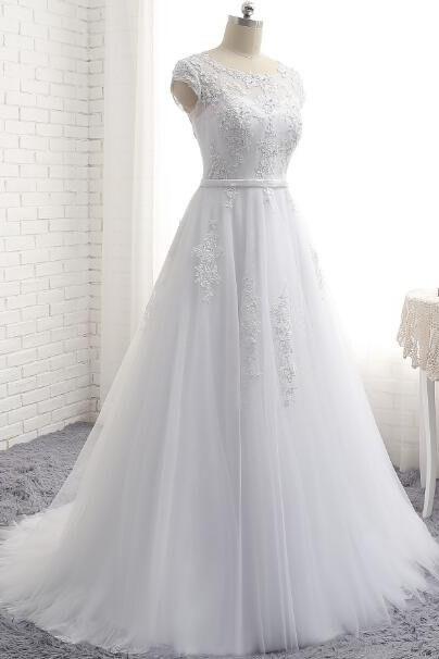 Charming White A Line Prom Dresses Tulle Cap Sleeve Evening Gowns With Lace Bodice