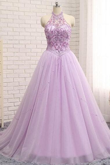 Charming Lilac A Line Prom Dresses Tulle Beaded Evening Gowns With Chapel Train