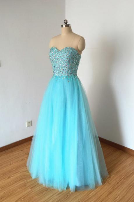 Sexy Light Blue A Line Prom Dresses Rhinestone Tulle Sweetheart Evening Gowns