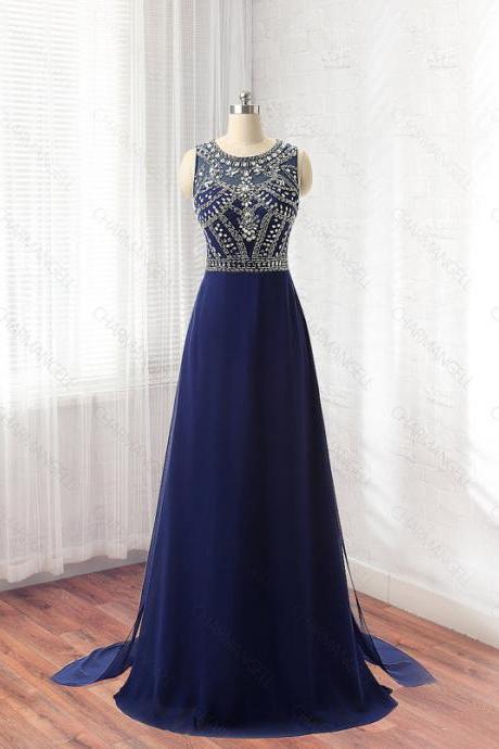 Royal Blue A Line Prom Dresses Rhinestone Chiffon Evening Gowns With Beaded Bodice