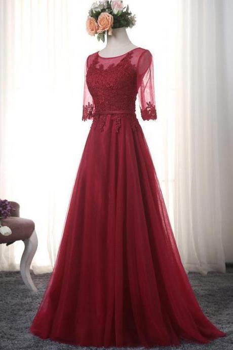 Long Elegant Burgundy Prom Dresses With Short Sleeve Floor Length Tulle Lace Applique Evening Gowns