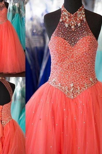 Fashion Coral Prom Dresses Halter Neckline Long Tulle Evening Gowns With Beaded Bodice