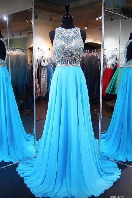 Light Blue Formal Dresses Sheer Neck Long Chiffon Evening Prom Gowns With Beaded Bodice