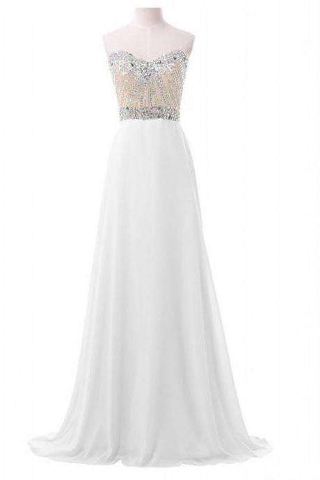Elegant Sweetheart White Evening Dresses, A Line Chiffon Prom Gowns - Formal Gowns, Party Dresses
