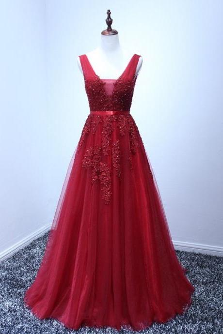 Sexy Long Lace Applique Burgundy Tulle Prom Dresses Featuring Plunge V Neckline -- Sexy Backless Formal Dress, Party Dresses