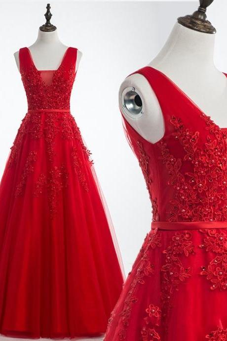 Sexy Long Lace Applique Red Tulle Prom Dresses Featuring Plunge V Neckline -- Sexy Backless Formal Dress, Party Dresses