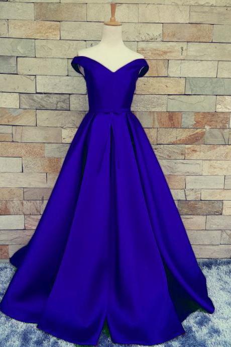 Charming Royal Blue A Line Prom Dresses Satin Off The Shoulder Evening Gowns With Belt And Pleat 