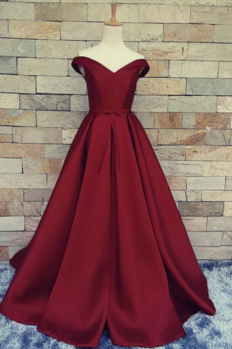 Burgundy A Line Prom Dresses Satin Off The Shoulder Formal Evening Gowns With Belt And Pleat 