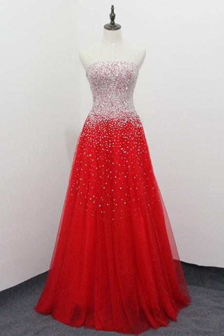 Charming Red Prom Dress Elegant Strapless Evening Dresses Beaded Party Dresses Robe De Soiree Formal Ball Gowns
