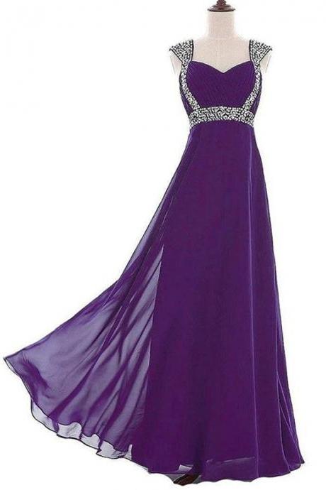 Purple Floor Length Chiffon Formal Gown Featuring Cap Sleeve Wiith Beaded Embellishment, Lace-up Back