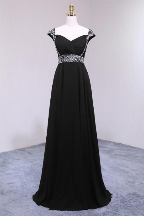 Sexy Long Black Prom Dresses Featuring V Neckline And Cap Sleeve -- Long Elegant Beaded Formal Dress, Party Dresses
