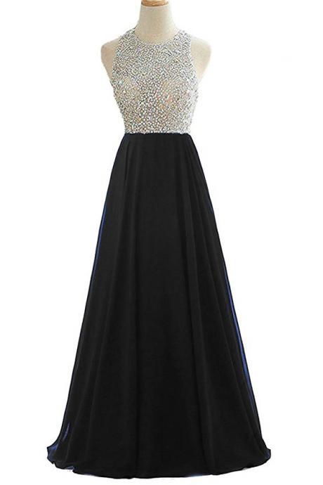 Beaded Embellished Crew Neck Halter Floor Length Chiffon A-Line Formal Dress Featuring Open Back, Prom Dress, Bridesmaid Dress
