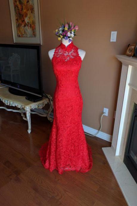 Sexy Red Backless Mermaid Formal Dress,red Lace Cheongsam, Red Lace Wedding Dress, Red Cheongsam