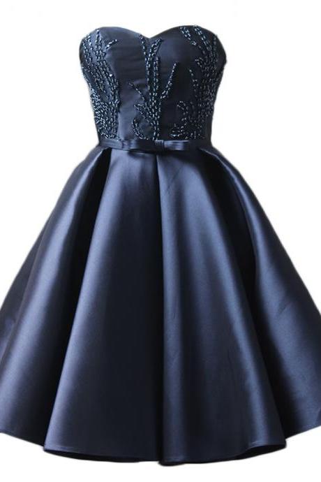 Amazing Navy Blue Satin Short Prom Dress 2017, Party Dress,sweetheart mini evening dress 2017 cocktail dress homecoming dress