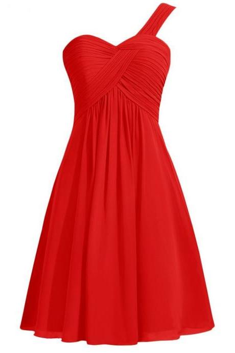 Short One Shoulder Red Homecoming Dress,Short A Line Red Chiffon Bridesmaid Dresses,Elegant Short Cheap Prom Dresses Party Evening Gown