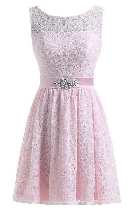Short Pink Lace Homecoming Dress With Sheer Bateau Neckline And Beaded Belt,Sexy Short A Line Cheap Prom Dresses Formal Party Evening Gown